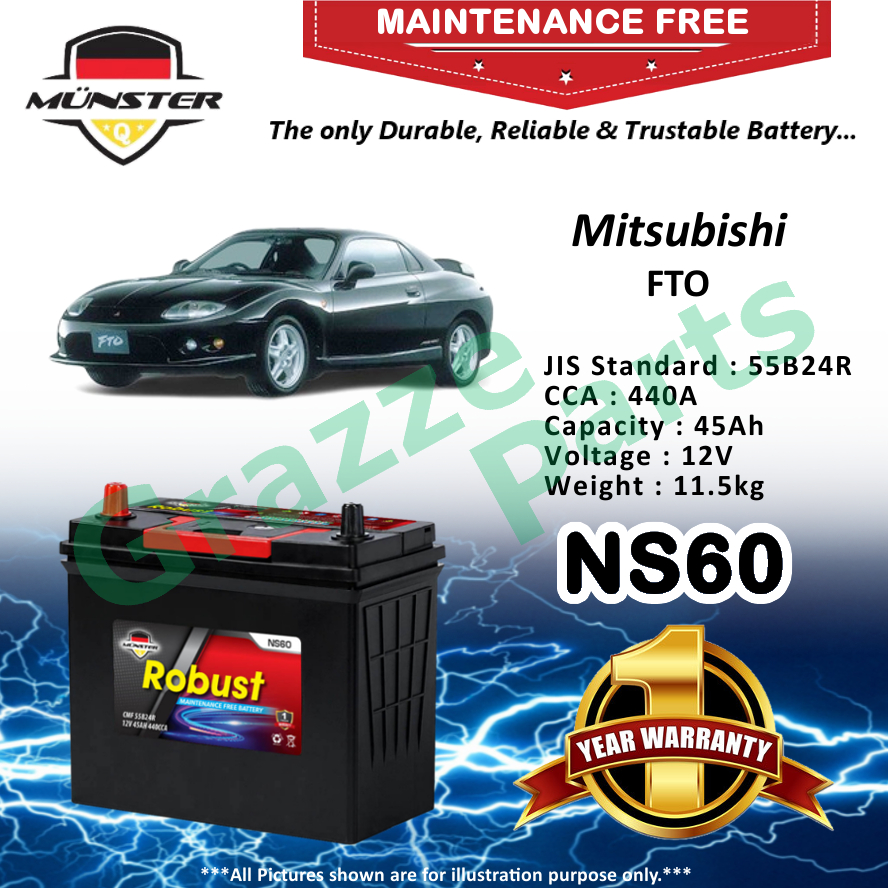 Mnster Robust MF CMF NS60 | 55B24R (45AH) Car Battery Bateri Kereta for Mitsubishi FTO