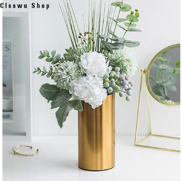 European-style cylindrical metal electroplated vase ornaments living room model room golden iron flower arrangement light luxury soft decoration