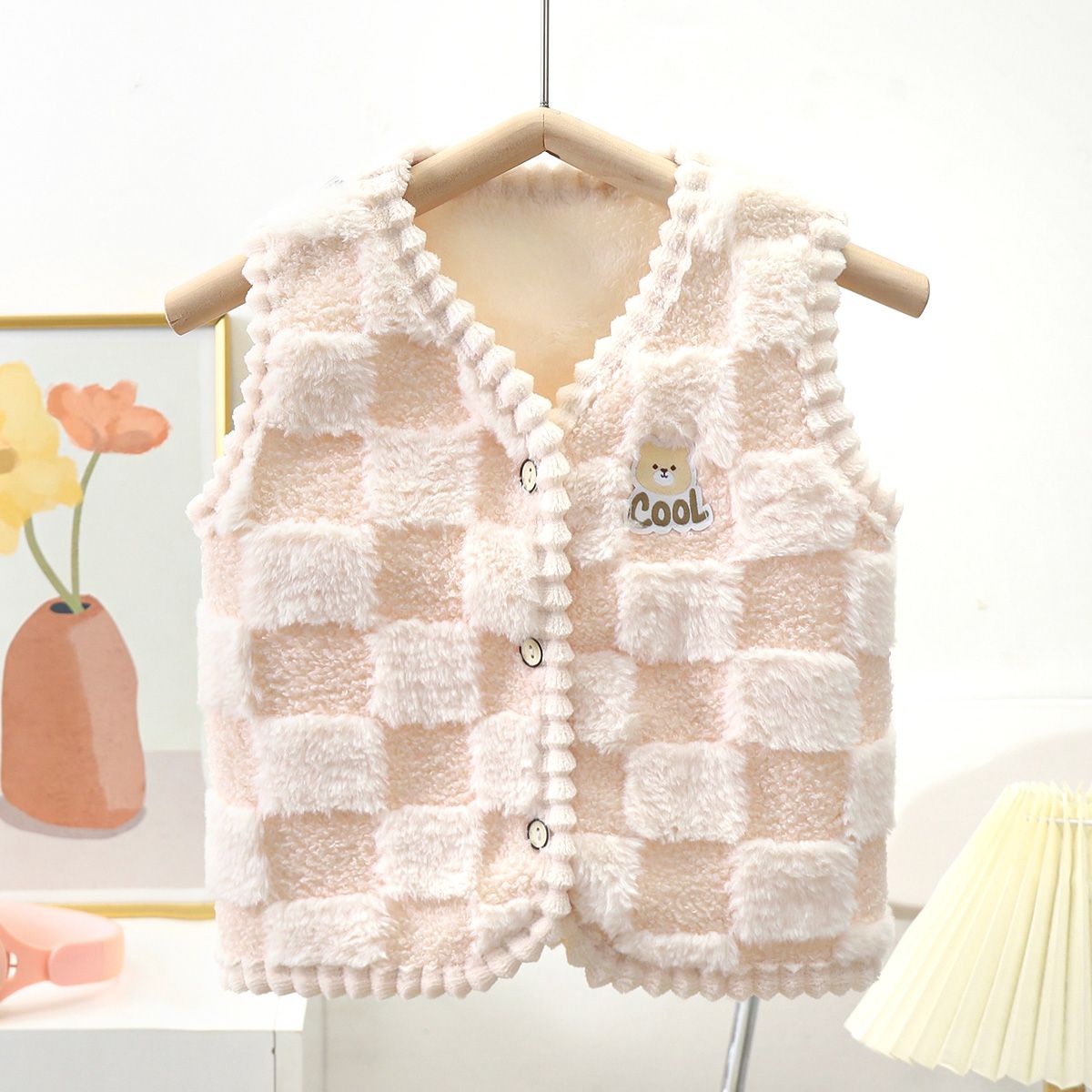 0-3-5 năm OL bé gái và bé trai không tay áo vest hoạt hình ấm T-Shirt Một hàng khuy áo khoác thời trang