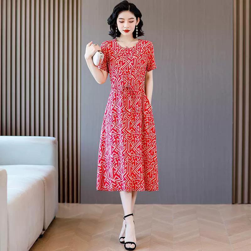 Thanh lịch ngoại cỡ trung niên và người cao tuổi phụ nữ noil poplin ăn mặc quần áo Đầm mùa hè của mẹ