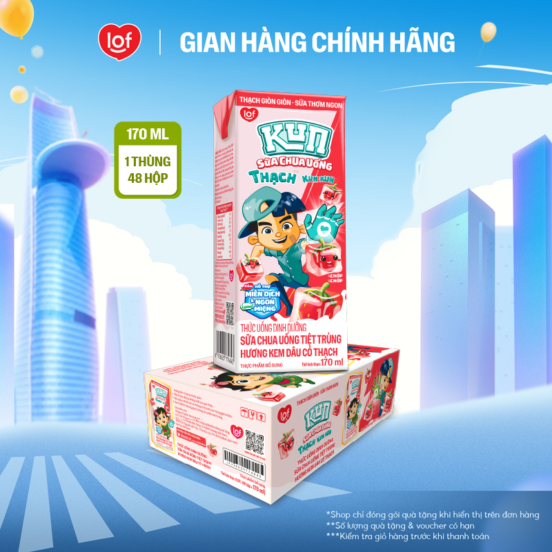 Kun Sữa chua uống hương Kem Dâu có Thạch thùng 48 hộp x 170ml