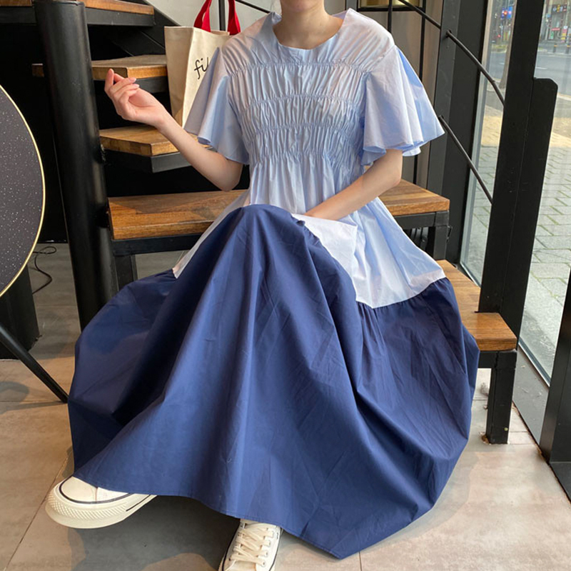 Hàn Quốc Chic Mùa Hè Phong Cách Tây Cổ Tròn Nhăn Cảm Hứng Thiết Kế Dáng Suông Rộng Phối Màu Swing Bay Tay Áo Đầm Váy Dài