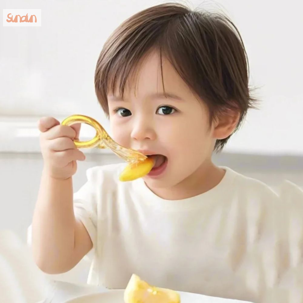 SUNDUN Tay cầm ngắn Đồ dùng ăn uống PPSU Thiết kế uốn cong Thiết kế di động Bộ thìa nĩa cho bé Bộ cấp liệu Chất liệu PPSU Muỗng Nĩa Tập Ăn Cho bé ăn