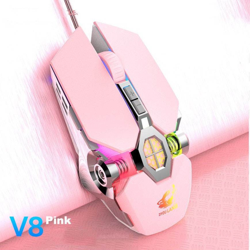 Chuột máy tính có dây màu hồng esports v8 super gaming kiểu dáng siêu độc lạ, led rgb tự đổi màu