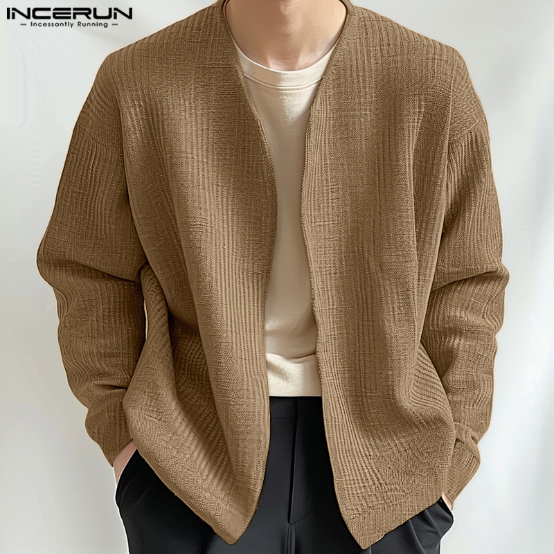 INCERUN Jackets for Men Collarless Textured Long Sleeve Casual Jacket Coats #240827