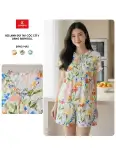 Bộ đồ mặc nhà nữ CARDINA chất liệu lanh đùi áo tay cộc cổ V dáng babydoll 6BLN05