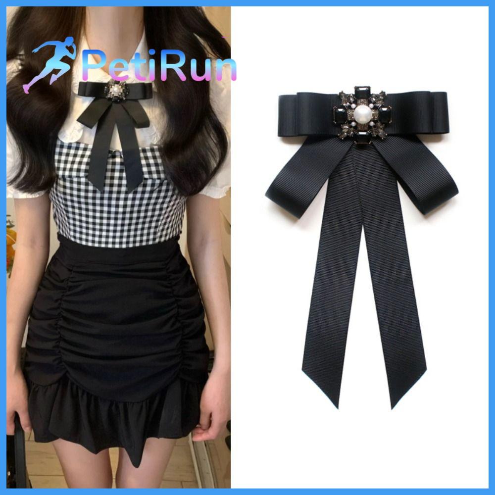 PETIRUN Polyester Ghim Cài Áo nơ ruy băng Đen Cổ điển Kẹp Cà Vạt cài sẵn cổ áo Nơ trang sức cương giả pha lê Phụ nữ