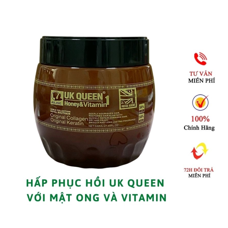 ủ tóc keratin hấp phục hồi cao cấp UK QUEEN HONEY & VITAMIN_COLLAGEN_KERATIN_Hũ 500ML Azhair hàng hi