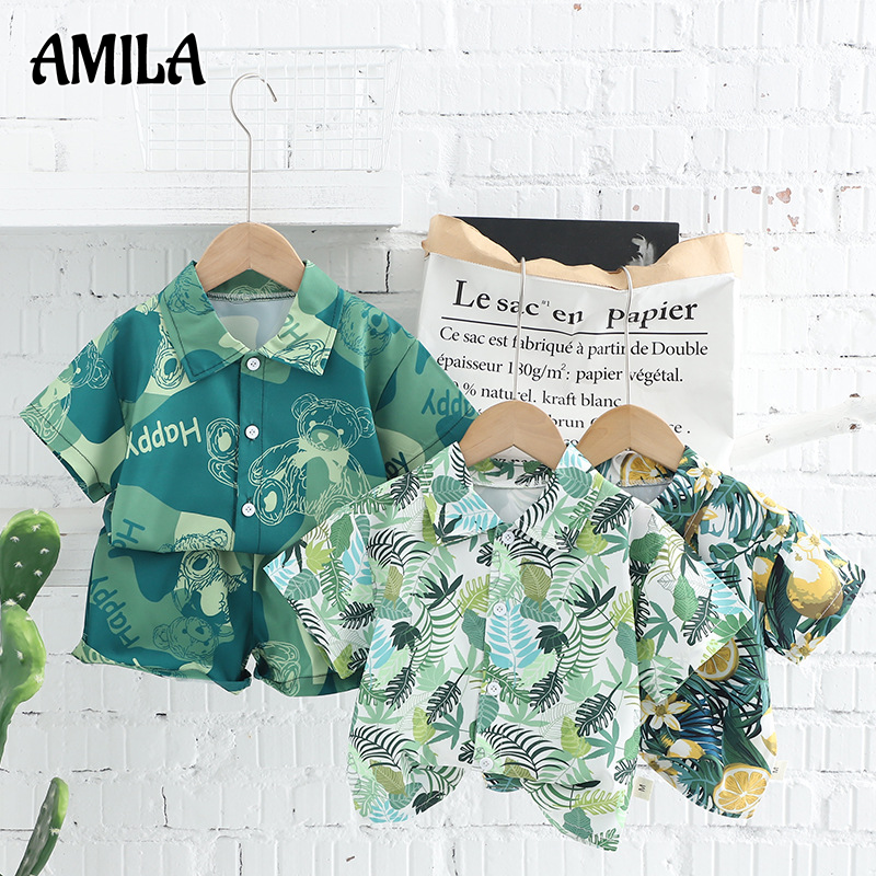 AMILA Summer Casual Kids' Short Sleeve Shirt and Shorts Set with Cute Prints ราคา 178 บาท*ส่งฟรี