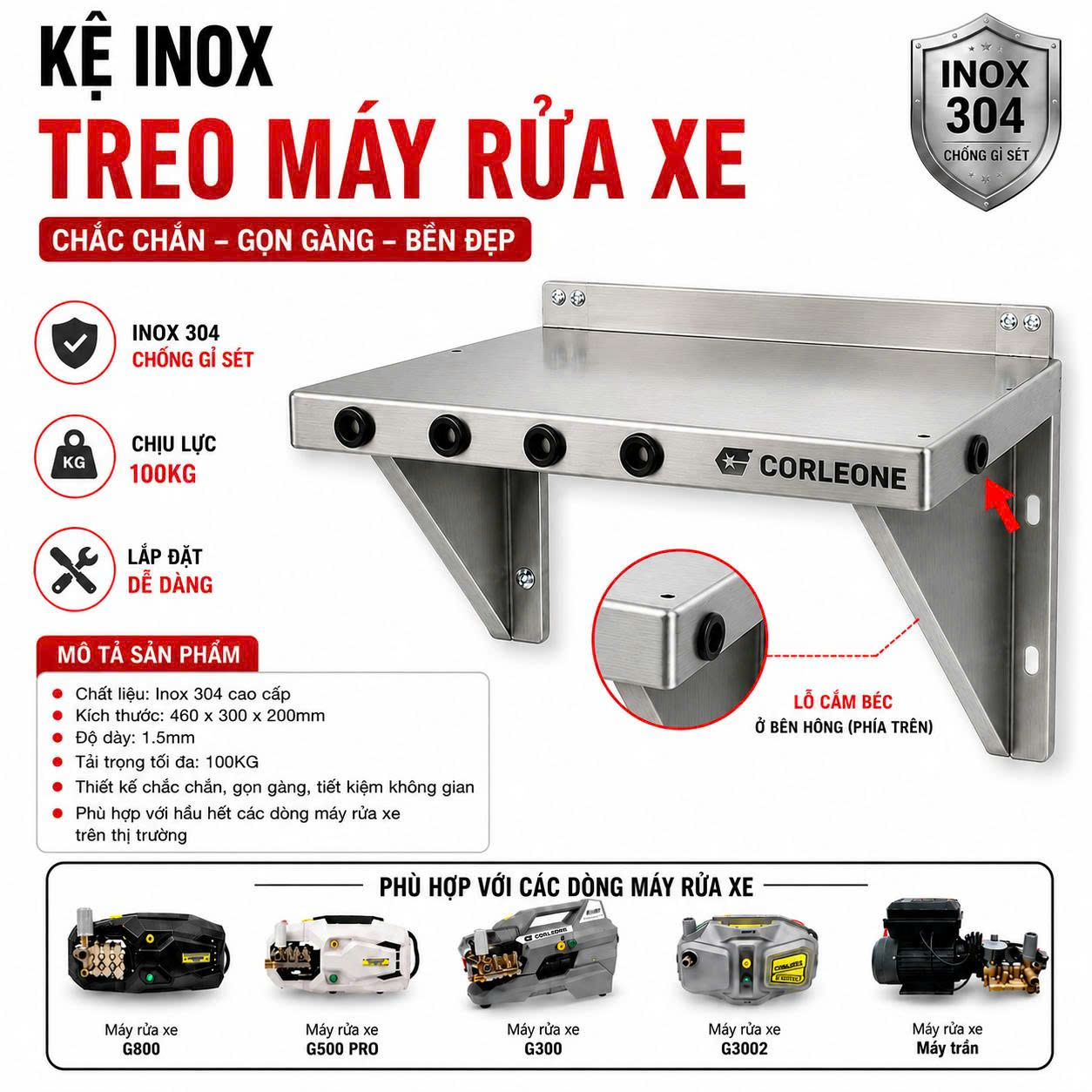 Kệ Inox 304 Treo Máy Rửa Xe Treo Tường Corleone – Chịu Lực 100KG, Kèm Pat Treo & Bộ Ốc Tắc Kê