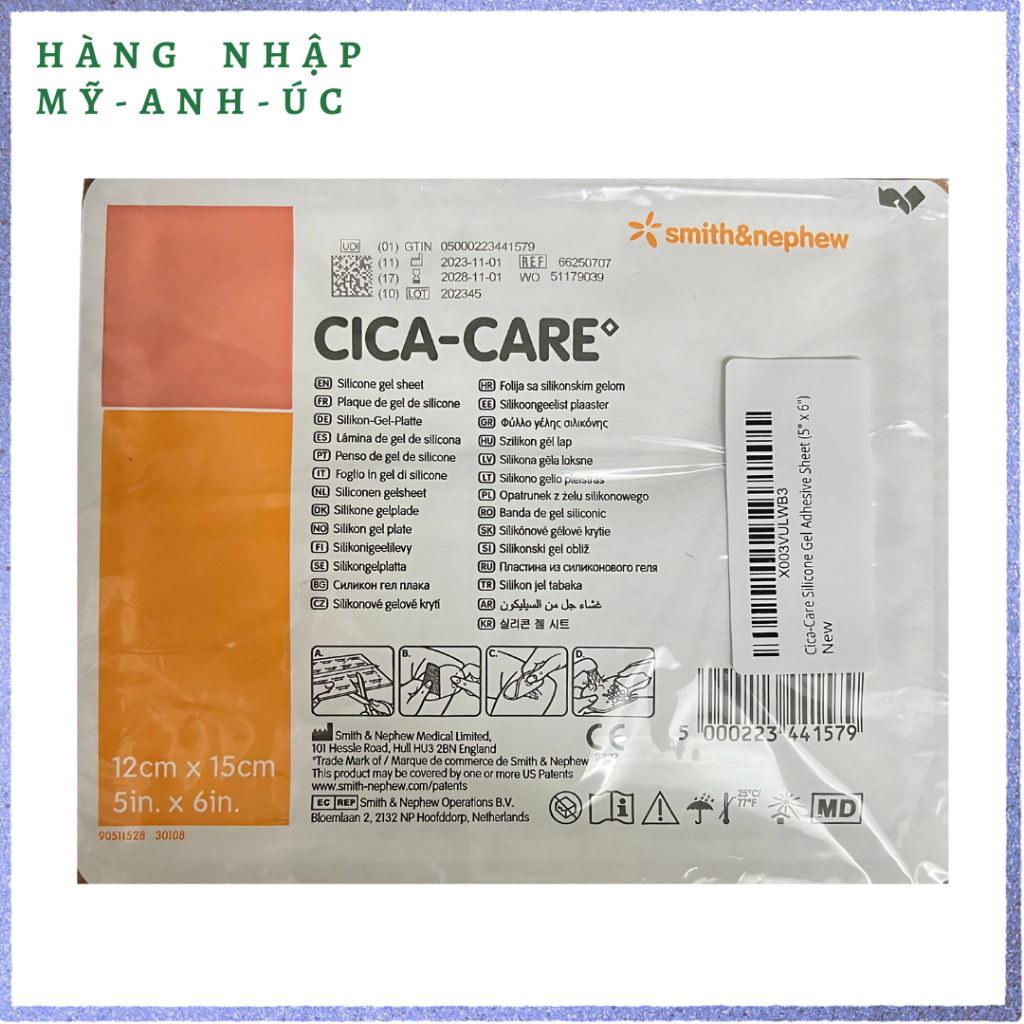 Cica-Care Miếng dán silicon gel dán sẹo lồi Cica-Care (12 X 15cm) - là miếng dán dạng gel dính trong suốt, mềm mại và dễ sử dụng, được làm từ silicone y khoa. không có tác dụng phụ, không gây kích ứng da, dùng được cả cho trẻ em