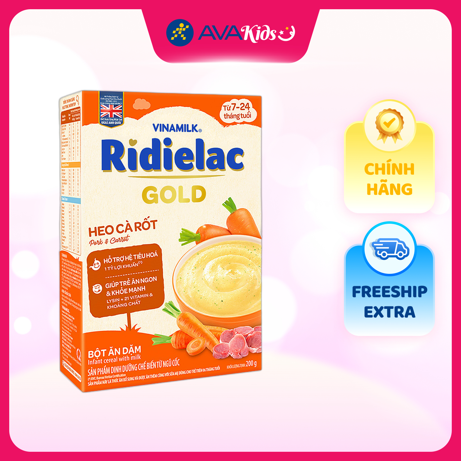 Bột ăn dặm Vinamilk RiDielac Gold heo, cà rốt hộp 200g (7 - 24 tháng)