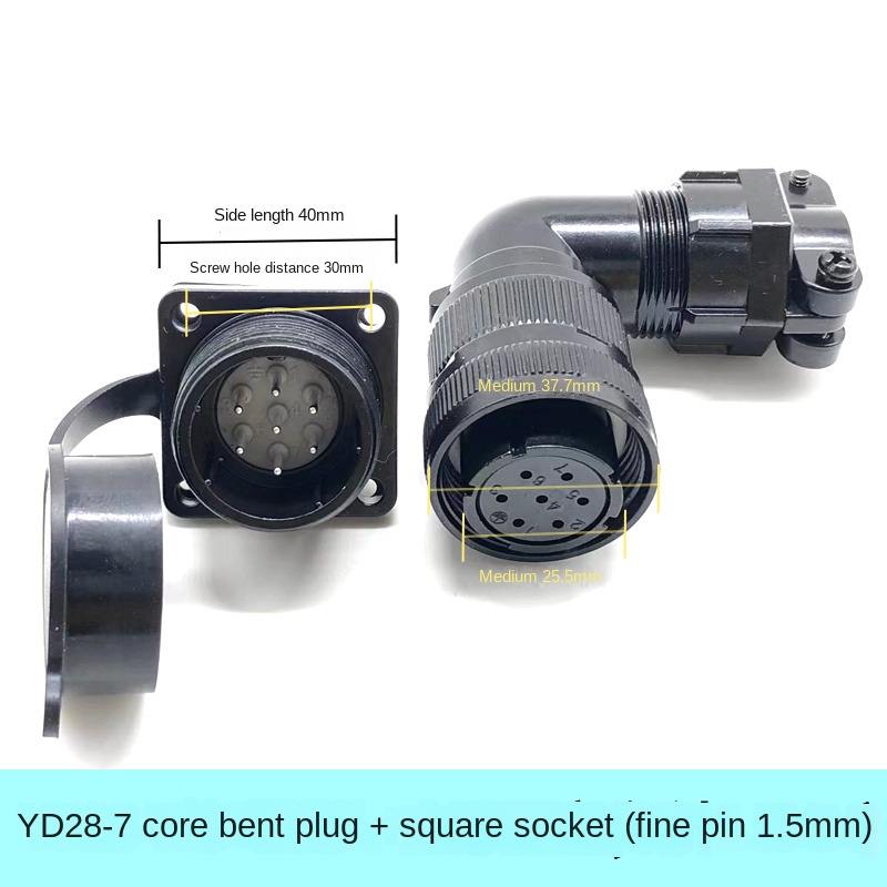 YD28/Y18/Y32 | Đầu Nối-Ổ Cắm Vuông YD28-7 Lõi Cong 1.5Mm | Tùy chọn: 4 Lõi, 7 Lõi, 15 Lõi, 19 Lõi | Ổ Cắm Vuông + Đầu Cắm Thẳng/Vuông Góc