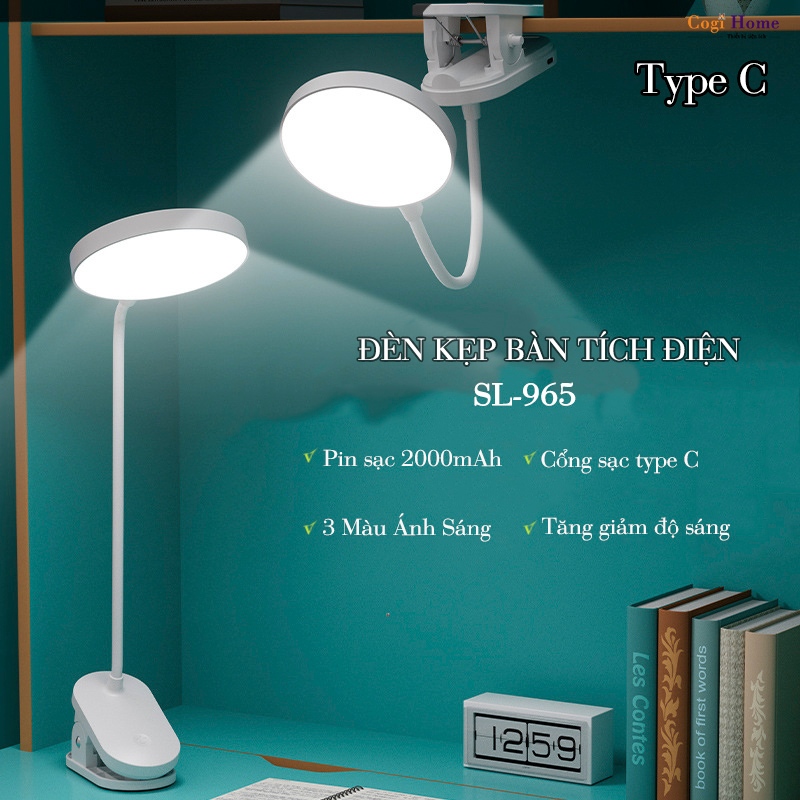 Đèn Kẹp Bàn Đọc Sách Kẹp Đầu Giường Có Pin Sạc Tích Điện Cổng Sạc Type C 3 Màu Ánh Sáng SL-965