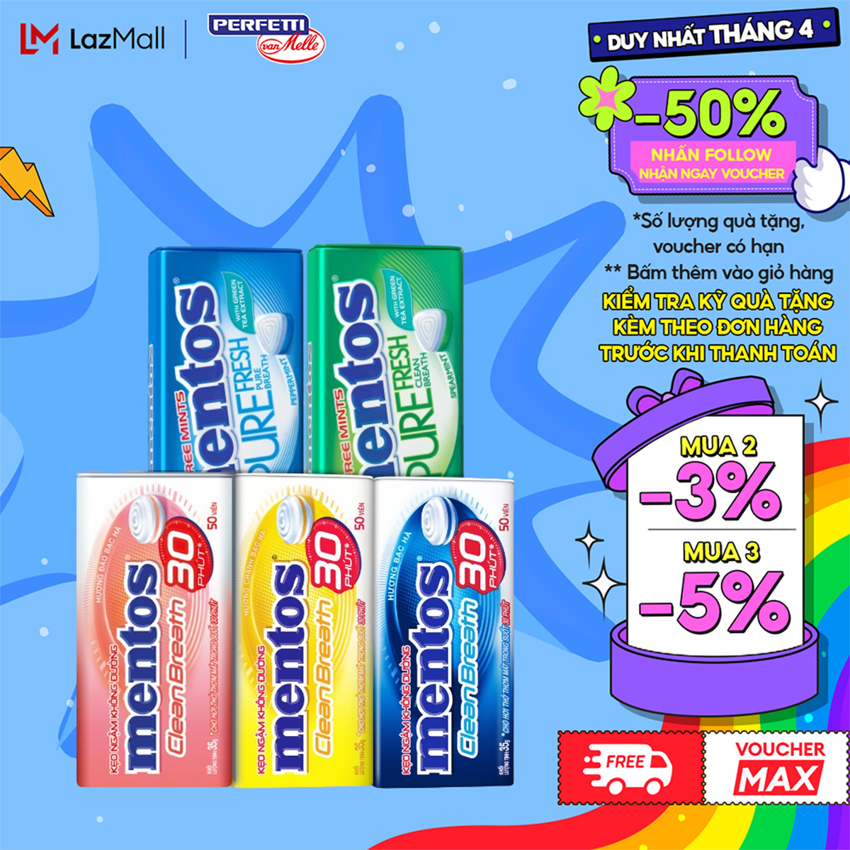 Combo 2 hộp thiếc kẹo Ngậm Không Đường Mentos Clean Breath (nhiều hương) mang lại hơi thở thơm mát trong suốt 30 phút