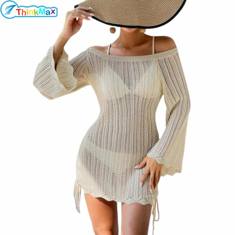 Women Swimwear Cover Ups Long Sleeve Off Shoulder Crochet Hollow Out Bathing Suit CoverUps Dress ราคา 441 บาท*ส่งฟรี