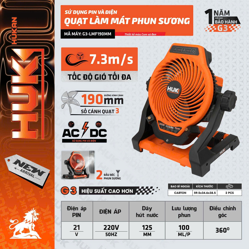 Quạt Phun Sương HUKAN G3-LMF190MM Dùng Pin 21V & Điện 220V, Cánh 190mm, AC/DC, Xoay 360°, Chính Hãng