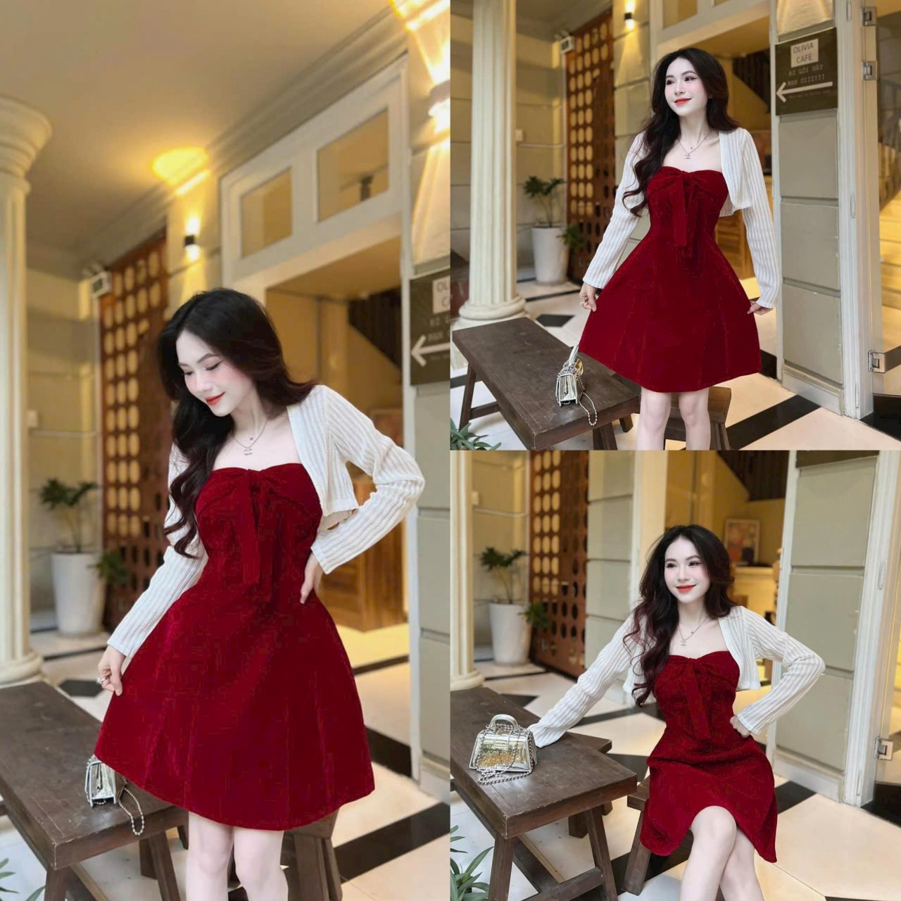 Đầm xòe cúp ngực nơ ngực nhung đỏ phối áo khoác ren lửng cực kì sang chảnh , đi chơi , đi tiệc đ010021144
