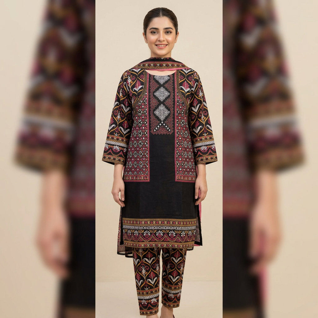 Stylish Era New Arrival Trendy  Stitched 3D Printed jacket style 2pc Dress for Women and Girls