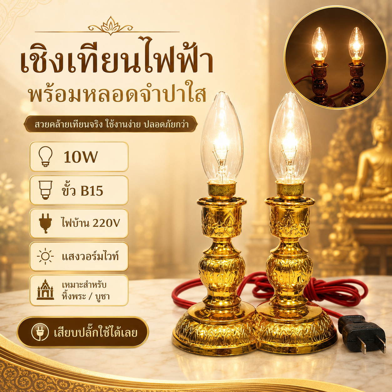 * Zeazon ชุดเชิงเทียนไฟฟ้า 10W B15 พร้อมหลอดจำปาใส สายไฟ 1 เมตร ใช้ไฟบ้าน 220V สำหรับหิ้งพระ ห้องพระ ศาลพระภูมิ ไหว้พระ บูชา