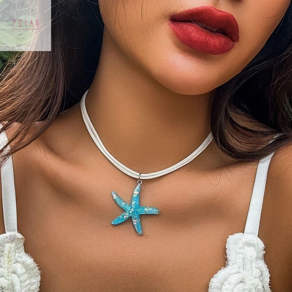 POYAN Phong Cách Bohemian Dây chuyền xương đòn ốc xà cừ Vàng dây chuyền Vòng cổ sao biển Kỳ nghỉ Phụ kiện Y2K Vòng cổ đi biển Phụ nữ