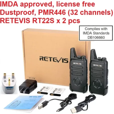 First in Singapore, IMDA approved, PMR446 license free, Retevis RT22S x 2 pcs (1 pair) dust-proof radio walkie talkie with channel indicator and battery/transmission status indicator
