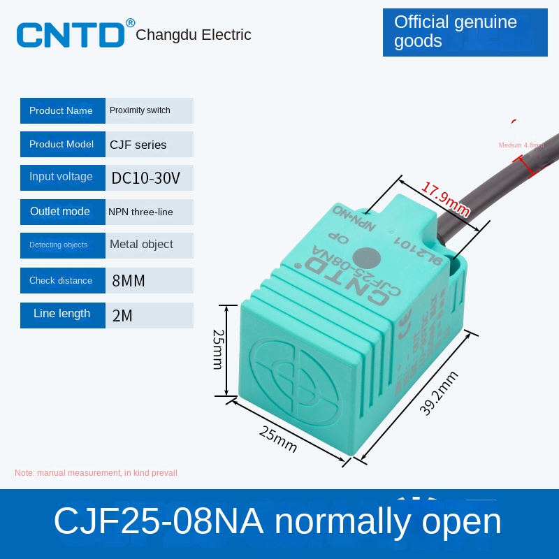 Cảm Biến Tiệm Cận CJF25-08NA CNTD | Tùy Chọn CJF18-05NA/NB/PA/PB/LA - NPN/PNP, 3 Dây DC, Phát Hiện Kim Loại 5-15mm Cho Tự Động Hóa