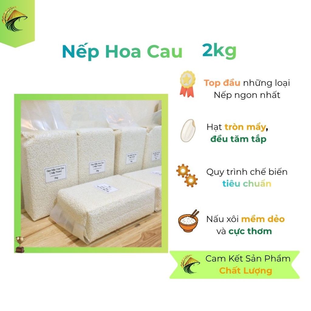 Gạo Nếp Hoa Cau Túi 2kg | Nếp Thơm Hạt Tròn - Dẻo Thơm Ngon