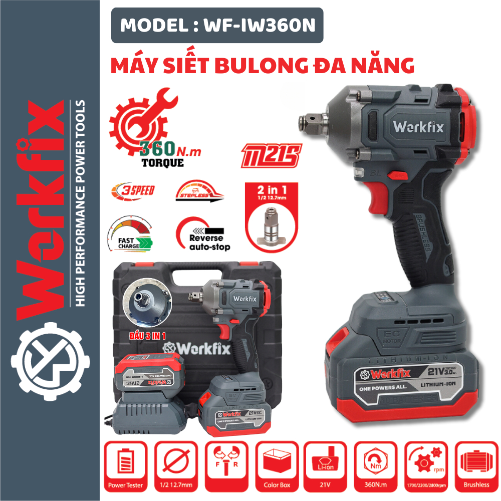 Siết bulong WORKFIX WF-IW360N đầu 2 trong 1 Lực siết 360Nm (bảo hành chính hãng 12 tháng)