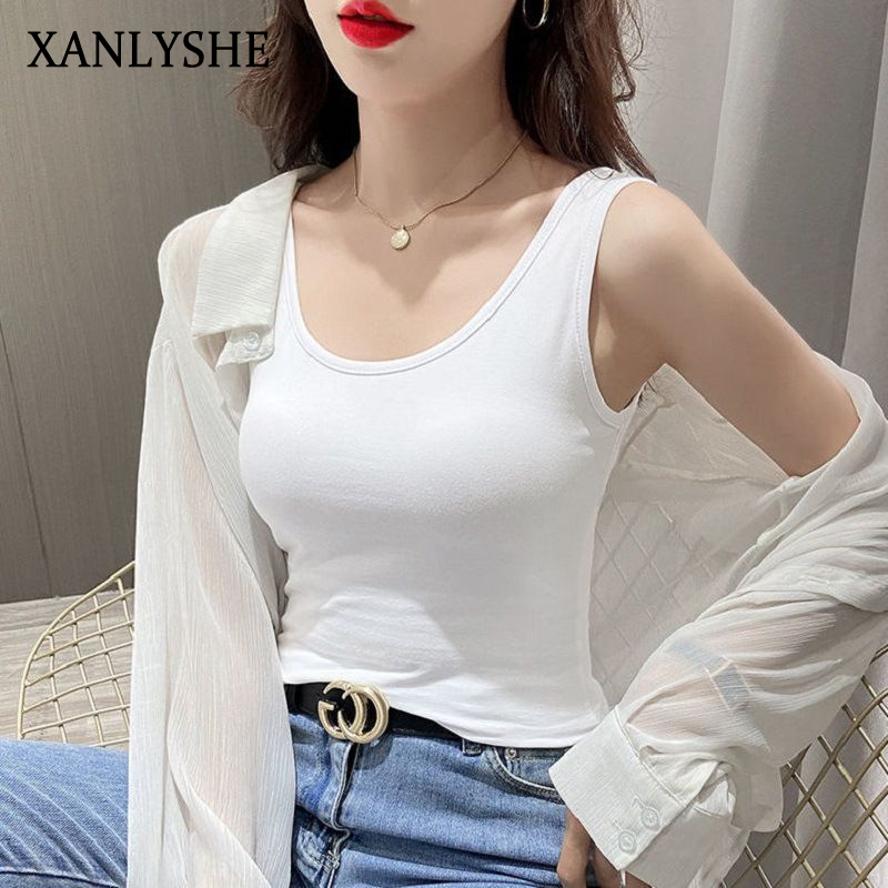 XANLYSHE เสื้อกล้ามผู้หญิงเสื้อตัวในแบบบางสำหรับฤดูร้อนเสื้อตัวในแขนกุดเข้ารูปแบบสั้นใส่ด้านในใส่สบายนักเรียนแมทช์ลุคง่าย ราคา 71 บาท*ส่งฟรี