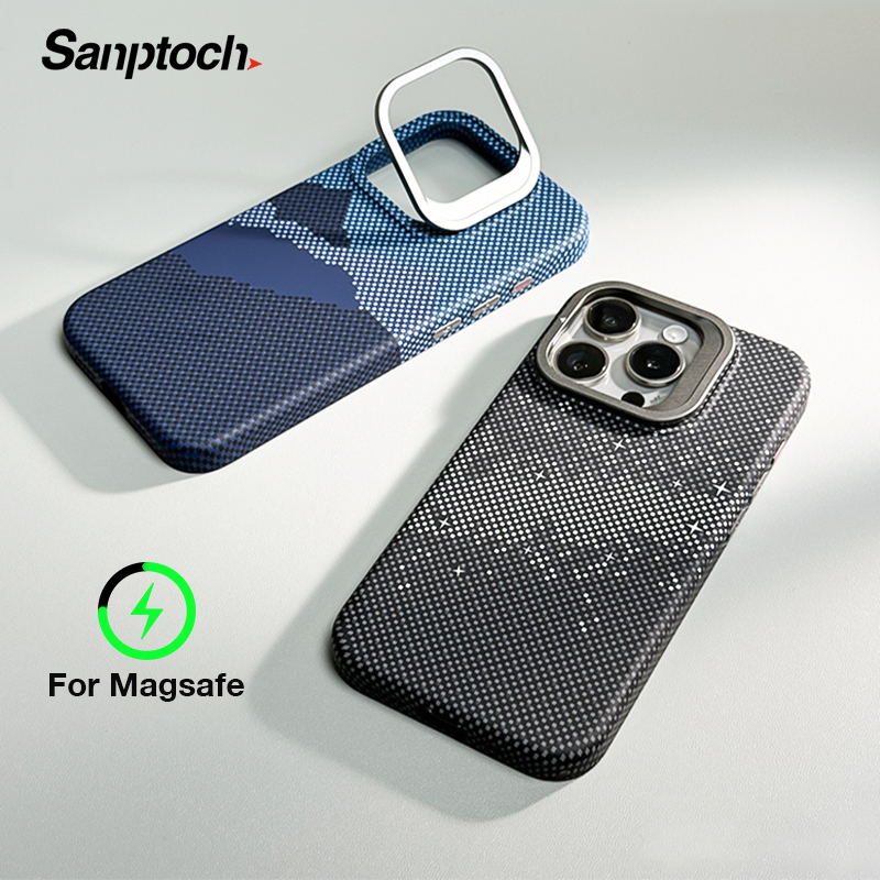 Sanptoch For Magsafe Invisible Stand Phone Case For iPhone 16 / 15 / 14 / 13 Pro Max Pixel Carbon Fiber Texture Shockproof Hard Cover For iPhone 16 Pro Max Matte Skin-friendly Protection Casing With Camera Lens Holder
