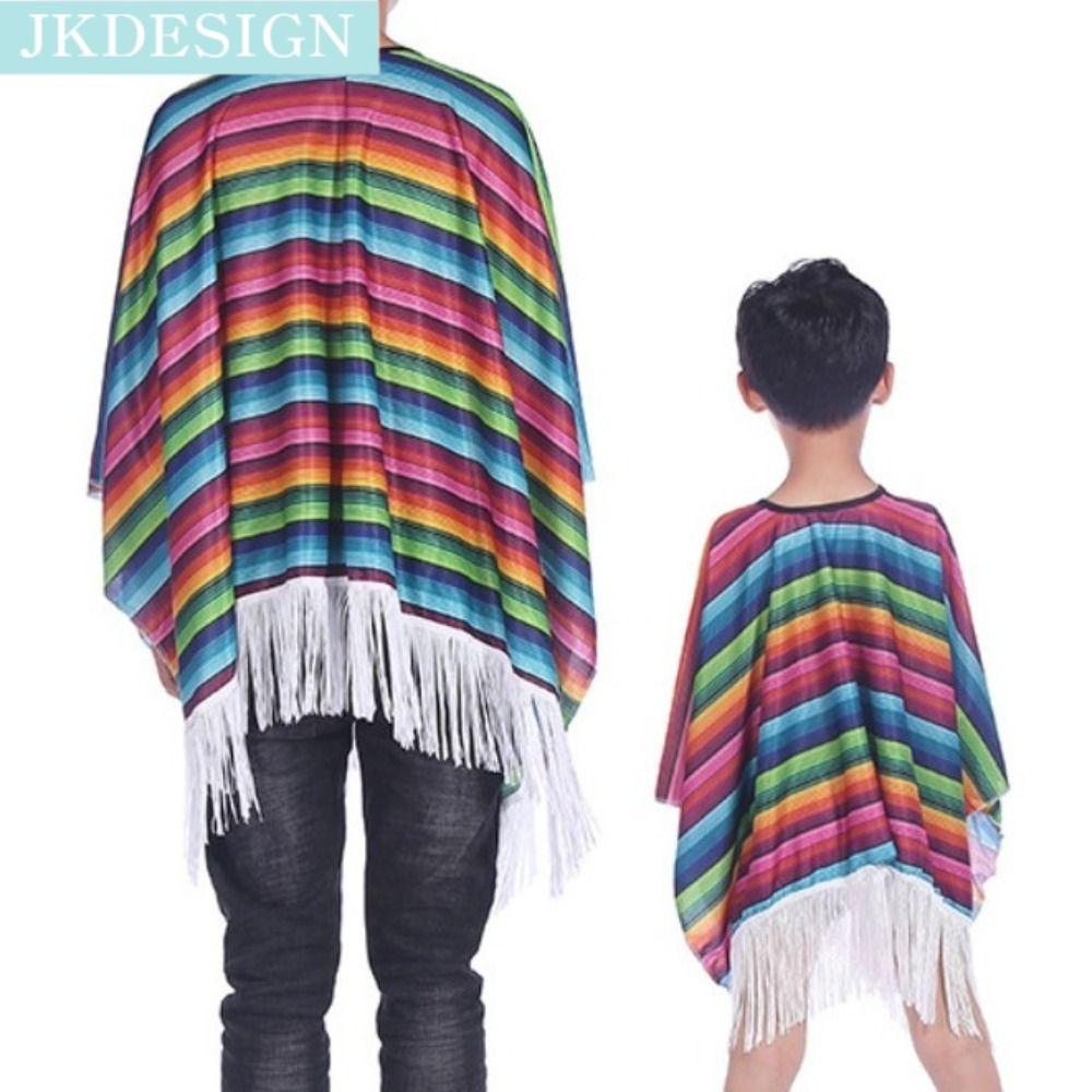 JKDESIGN เสื้อคลุมสไตล์ชนเผ่า เครื่องแต่งกายเม็กซิกัน ฮาโลวีน ลายทางสีรุ้ง เสื้อคลุมสไตล์เม็กซิกัน อุปกรณ์ประกอบคอสเพลย์ เสื้อคลุมพื้นบ้าน เสื้อปอนโชเม็กซิกัน เด็กผู้ใหญ่และเด็ก ราคา 291 บาท*ส่งฟรี