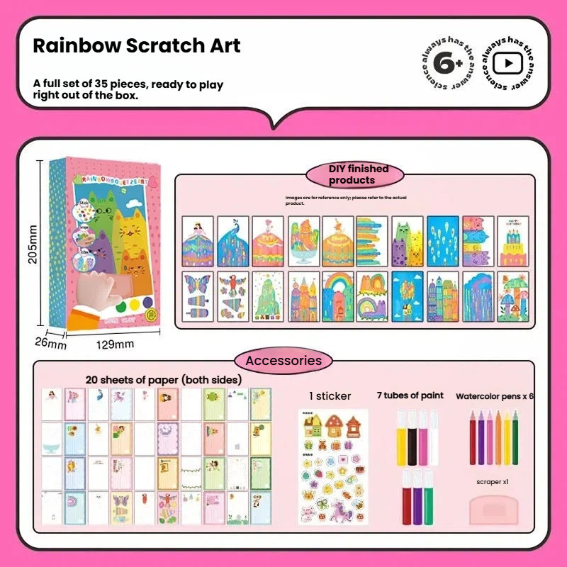 Rainbow Scratch Art Educational Toys for Kids 35pcs Rainbow Paint Kit DIY Material Magic Reveal