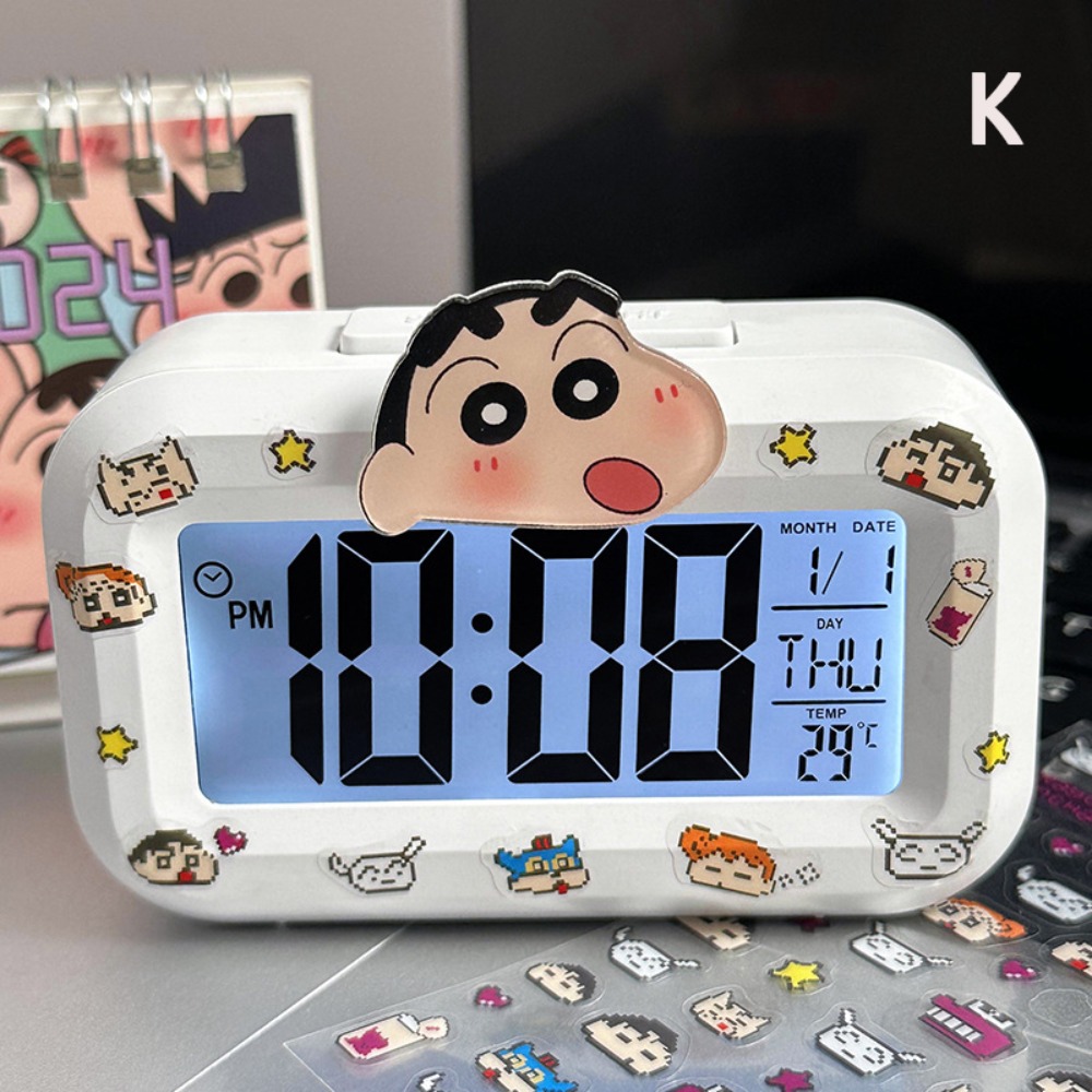JIYAN2866 Cartoon LED Digital Clock with Night Light Crayon Shin-chan Alien Alarms Clocks Multi-function Mini Cute Desktop Clock Student Dormitory
