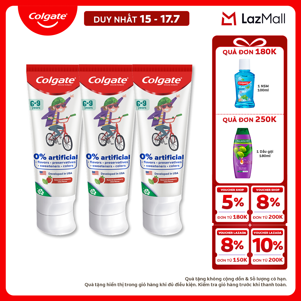 [Chỉ 15-17.7_X2 Voucher giảm đến 18%] Bộ 3 Kem đánh răng Colgate Kid Free From dành cho trẻ em 6-9 tuổi không hương liệu và chất bảo quản 80g
