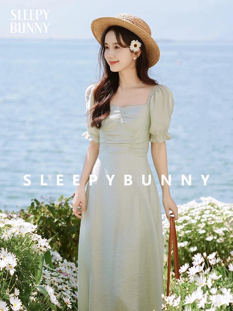 SLEEPY BUNNY Square Neck Puff Sleeve Ruched Midi Dress, Summer Elegant Slim Fit A-Line Holiday Long Dress with Romantic Cottagecore Style ราคา 1,562 บาท*ส่งฟรี