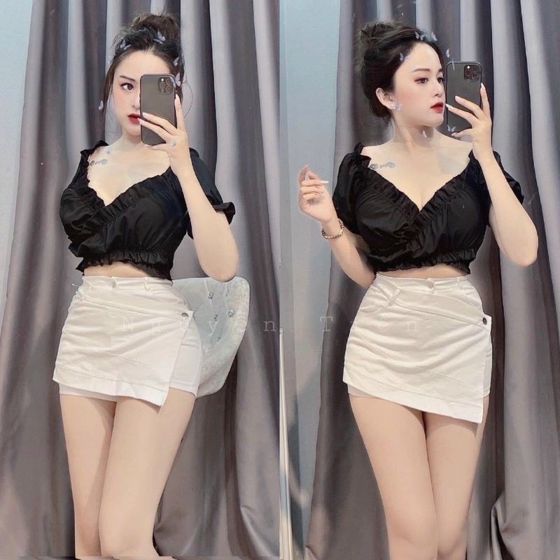 Áo Voan Lụa Croptop - Thiết Kế Độc Đáo với Cổ Đắp Chéo và Dây Cột Sau Lưng TTSLC0015