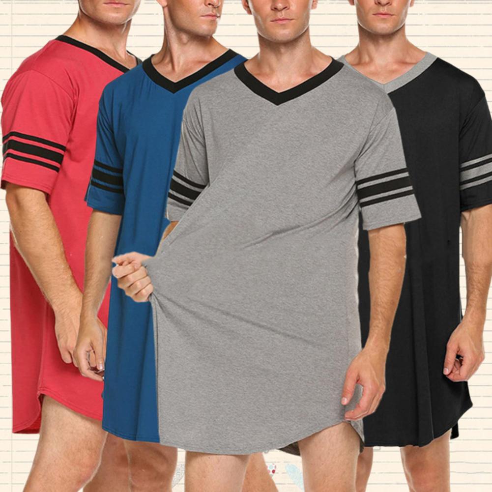 Loungewear màu tương phản dài mùa hè T-Shirt sọc in ngủ quần áo Áo choàng tắm cho nam Váy ngủ Homewe