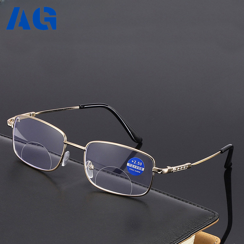 A-G Progressive Lens Reading Glass Men Aesthetic Japan Original Sale 2 IN1 Look Far and Near Metal Square Multifocal Smart Zoom Fashion Business Reading Glasses with Grade Spectacles G444