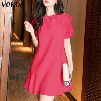 Vonda Womens thanh lịch tay áo phồng nấm cạnh khâu váy chữ A văn phòng OL Đầm màu trơn cho công việc & dịp trang trọng