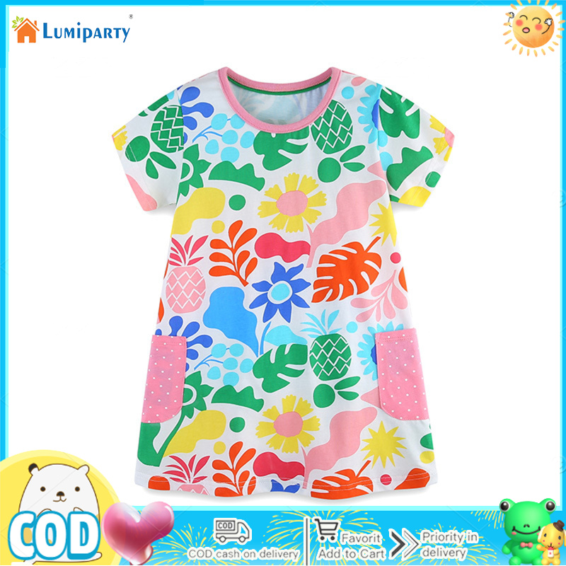 Girls Dresses Soft Summer Cotton Round Neck Short Sleeve Dresses T-Shirt Casual Cartoon Printed Skirt ราคา 209 บาท*ส่งฟรี