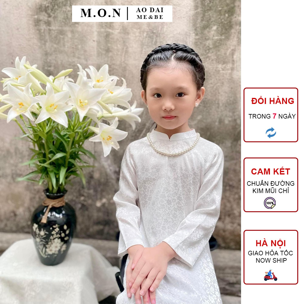 Áo dài trắng bé gái truyền thống gấm tơ dệt hoa chìm