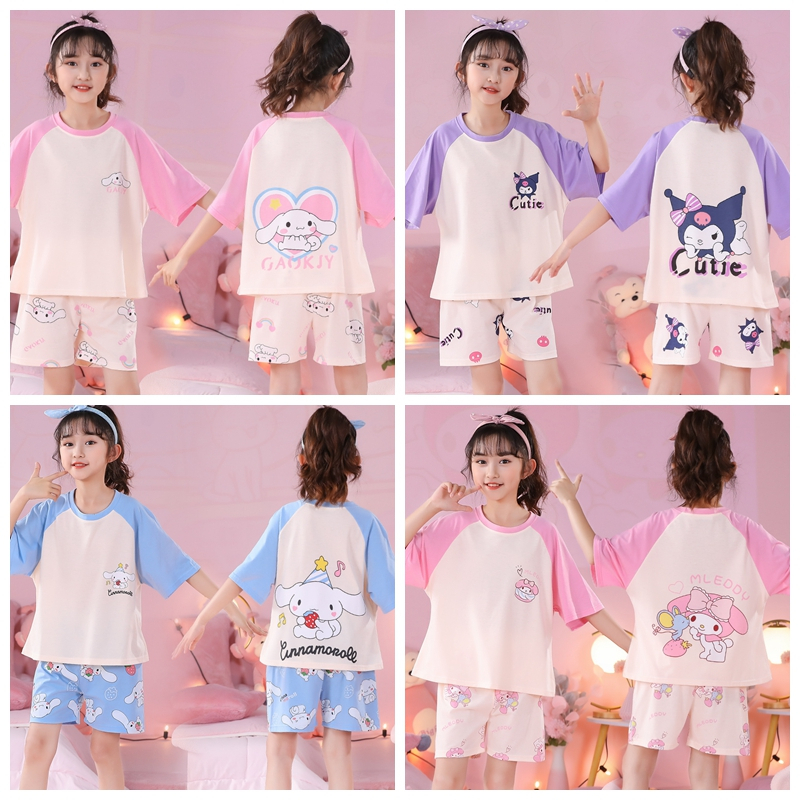 Bộ Đồ Ngủ Cotton Tay Ngắn Cổ Tròn In Hình Sanrio Kuromi Melody Cinnamoroll Dễ Thương Phong Cách Hàn Quốc Cho Bé Gái