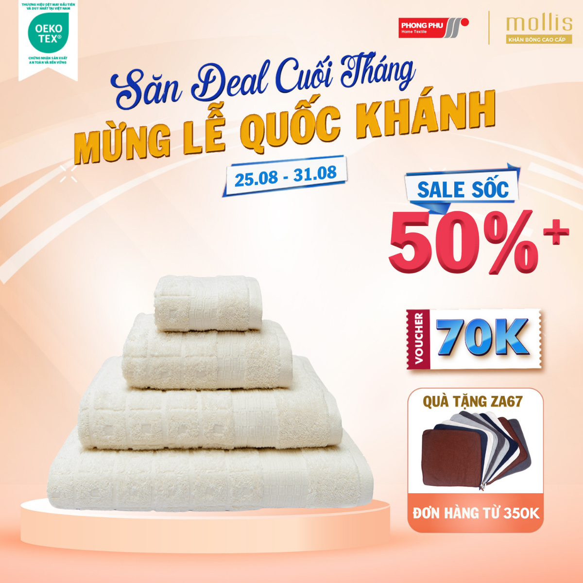 Khăn Tay Mollis Cotton Organic 30x50cm Khăn Cao Cấp Cotton Hữu Cơ Thấm Hút Không Xù Đổ Lông Gia Đình Khách Sạn Spa HM1Q