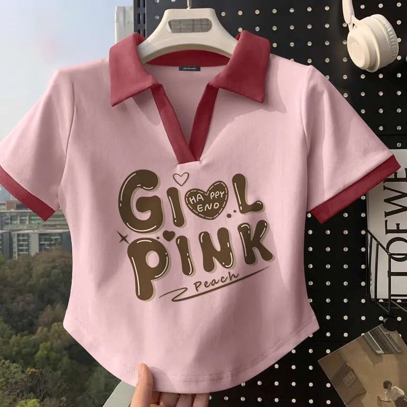 Phụ nữ của mùa hè Mỹ Retro Áo thun tay ngắn với tương phản polo Áo sơ mi thiết kế độc đáo và độc đáo