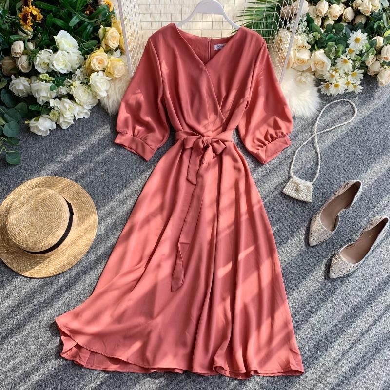 Nước Pháp Thích Hợp Đầm Tay Lỡ Đầu Thu Mẫu Mới Quần Áo Nữ 2020 Khí Chất Cổ Chữ V Buộc Dây Bó Eo Độ Dài Trung Bình Váy Dài Qua Gối
