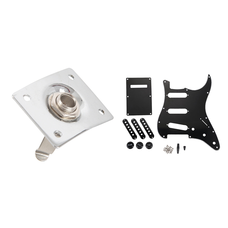 1x Chrome Plate Space E-Output Socket & 1set Ply Black 11 Hole Sss Guitar Pickguard Strat Back Plate Pickup Covers