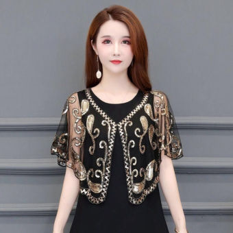 Mùa hè CAPE Over cardigan cho phụ nữ phong cách Hàn Quốc lưới sequin Áo khoác khiêu vũ