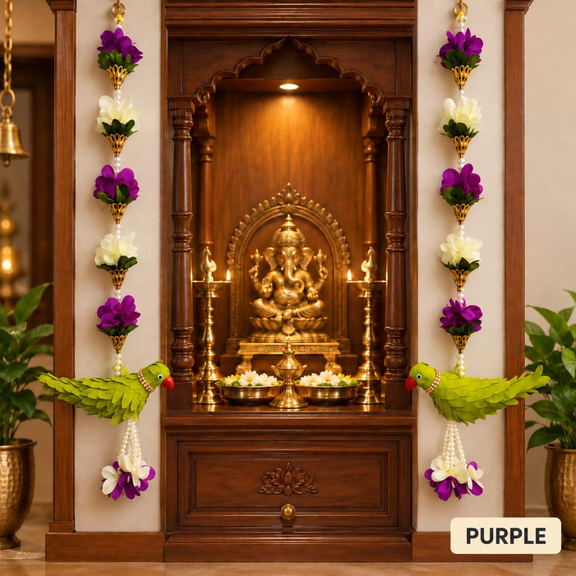 Parrot Thoranam Door Hanging 2pcs with Flowers Pearl Beads & Gold-Tone Details for Pooja Room & Deepavali Decor | SPL
