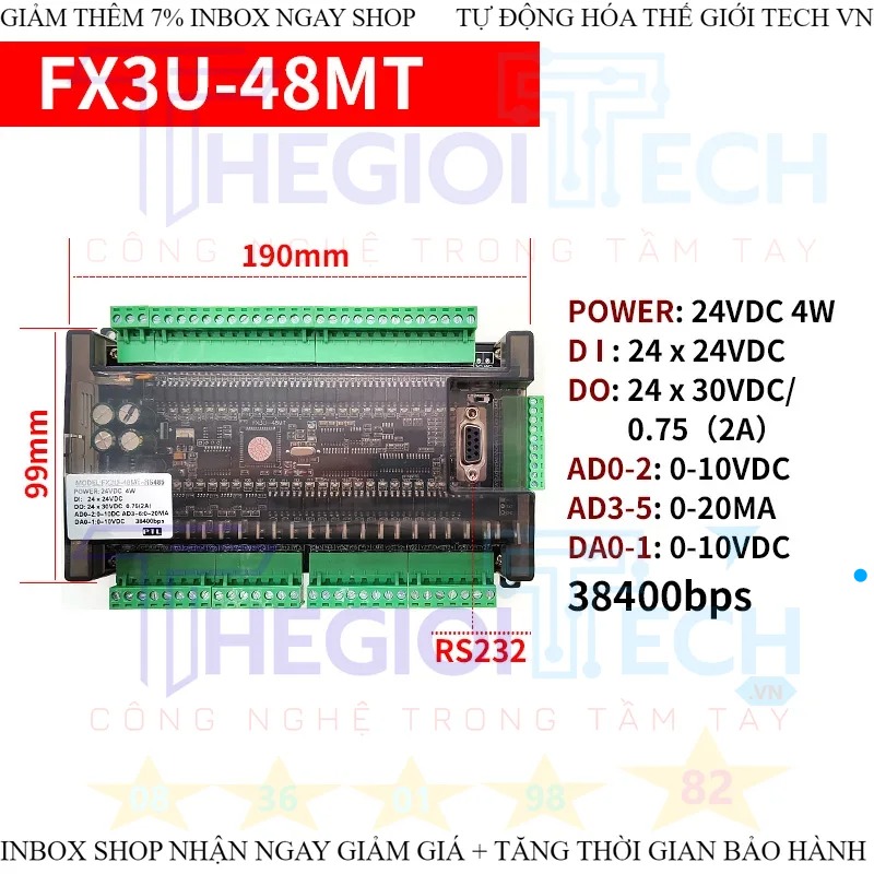 Bo lập trình logic điều khiển công nghiệp PLC FX3U 6AD 2DA 14MR 14MT 24MT 24MR 30MR 32MT 48MR 48MT RS232 RS485 38400bps - FX3U-48MT